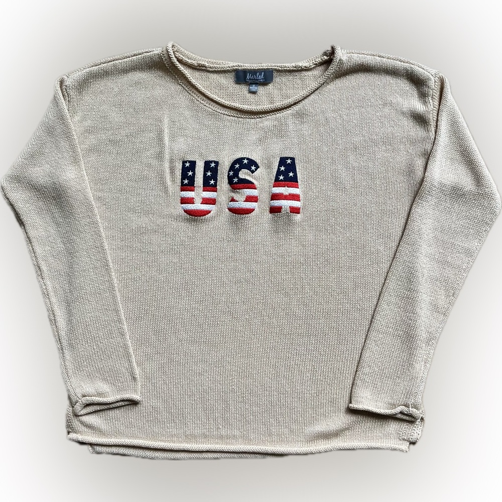 Marled Reunited Clothing Size M Knit Sweater Beige Flag “USA”